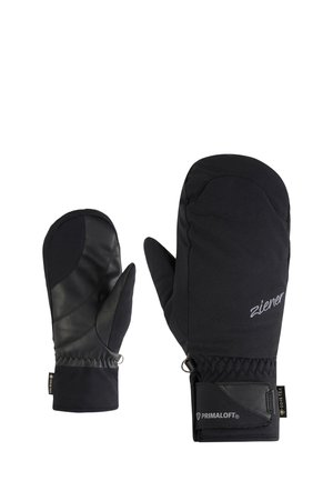 Schwarze isolierte Fäustlinge mit Lederakzenten, gepolstertem Design, elastischen Bündchen und "Ziener"-Logo. Maschinenwaschbar.