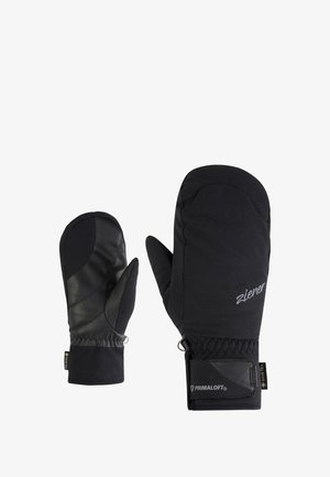Black insulated mittens with leather accents, featuring a padded design, elastic cuffs, and "Ziener" logo. Machine washable.