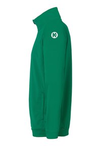 Green zip-up jacket with high collar, side pockets, and logo on the upper arm. Smooth fabric with a fitted design.