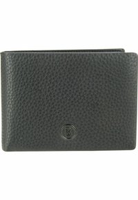 Portafoglio in pelle nera con superficie testurizzata, dotato di un logo arrotondato al centro. Design bi-fold, forma compatta e senza hardware visibile.
