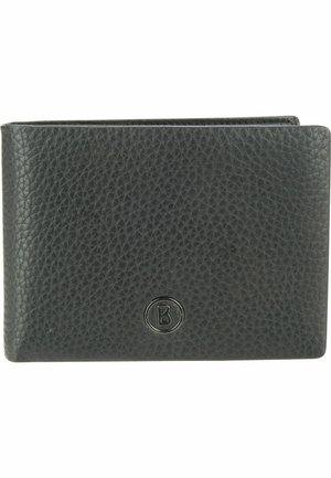 Black leather wallet with a textured surface, featuring a rounded logo in the center. Bi-fold design, compact shape, and no visible hardware.