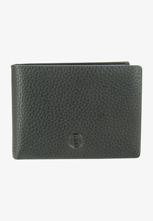 Black leather wallet with a textured surface, featuring a rounded logo in the center. Bi-fold design, compact shape, and no visible hardware.