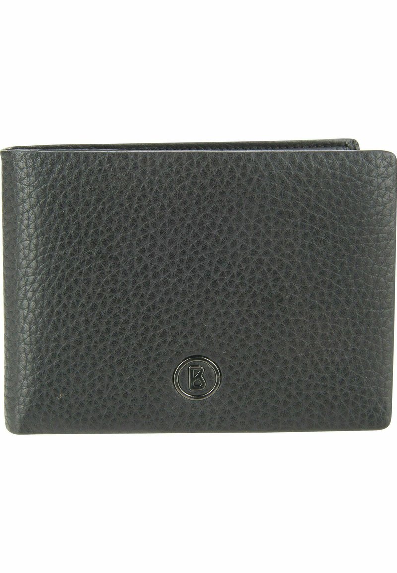 Zwarte leren portemonnee met een gestructureerd oppervlak, voorzien van een afgerond logo in het midden. Met een bi-fold ontwerp, compacte vorm en zonder zichtbare hardware.