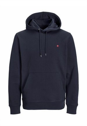Navy blue hoodie made of cotton, featuring a front pocket, drawstring hood, and small red emblem on the chest. Smooth texture.