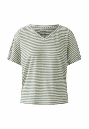 Short-sleeve, V-neck women's shirt with light gray and white horizontal stripes, made of linen fabric.