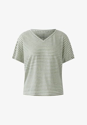 Short-sleeve, V-neck women's shirt with light gray and white horizontal stripes, made of linen fabric.
