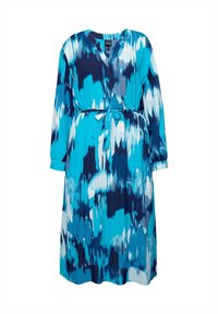 Robe à manches longues à motif abstrait bleu et blanc, col en V, ceinture nouée à la taille et poignets à boutons.