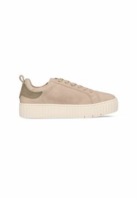 Beige Wildlederschuhe mit einer strukturierten cremefarbenen Sohle, ausgestattet mit einem dezenten olivgrünen Akzent an der Ferse und passenden Schnürsenkeln.