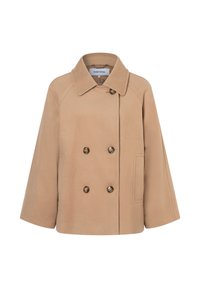 Beige dubbelzijdige jas met een brede kraag, raglanmouwen en twee voorkruiszakken; gemaakt van zachte stof met een gladde textuur, voorzien van goudkleurige knopen.
