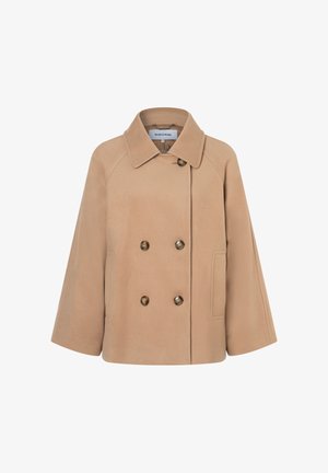 Beige dubbelzijdige jas met een brede kraag, raglanmouwen en twee voorkruiszakken; gemaakt van zachte stof met een gladde textuur, voorzien van goudkleurige knopen.