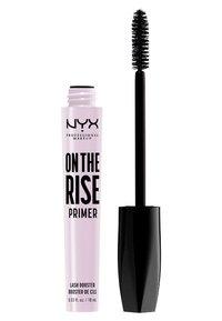 NYX On The Rise Lash Primer in un tubo cilindrico di un rosa chiaro. Presenta un testo nero e audace. Accompagnato da un applicatore dritto nero con un pennello testurizzato.