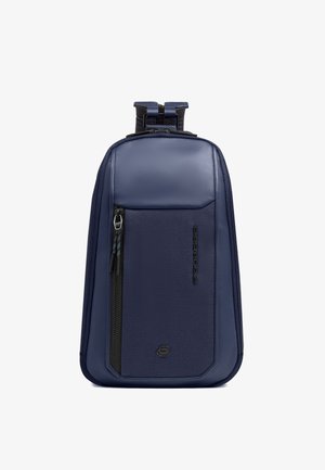 Borsa a tracolla navy blu con pannello frontale strutturato, tasca verticale con cerniera e tracolla regolabile con fibbia in plastica.