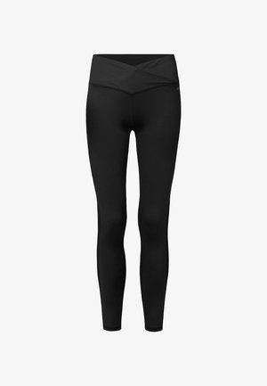 Leggings noirs avec une taille croisée, texture lisse, design ajusté et sans motifs ni logos visibles. Fabrication en matériau extensible.