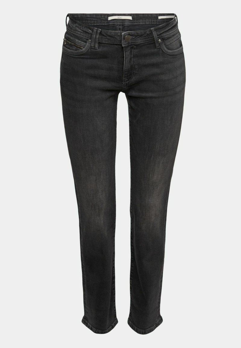 Jean en denim noir avec une coupe droite, cinq poches et une fermeture éclair avec bouton. Texture lisse avec une finition délavée.