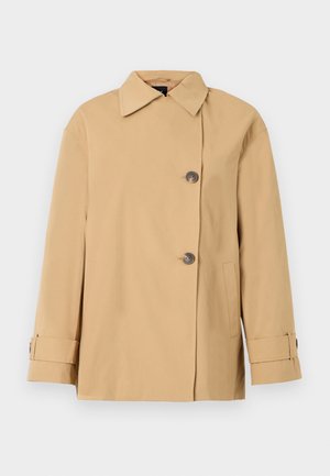 Beige doppelt geknöpfter Blazer mit breitem Kragen, zwei Knöpfen, seitlichen Taschen und Ärmelriemen. Hergestellt aus einem glatten, leichten Stoff.