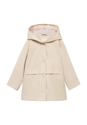 Beige regnjacka med huva och knappstängning samt två framfickor. Insidan har ett prickigt mönster. Slät, lättviktig material.