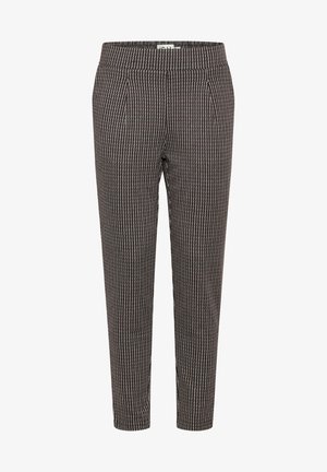 Kalhoty na míru s kostkovaným vzorem v černobílé barvě, s hladkou texturou, tapered střihem a elastickým pasem pro pohodlí.