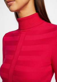 Jersey de cuello alto ajustado en un vibrante color rosa, con rayas de diferentes texturas y un cuello acanalado. La tela suave crea una apariencia elegante.