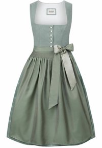 Green dirndl dress with a fitted bodice, pearl buttons, a wide waistband, and a flowing skirt. Satin finish with a bow detail.