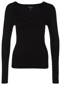 Haut noir à manches longues avec un décolleté en arrondi, un détail froncé à l'avant et une silhouette ajustée. Confectionné dans un tissu doux et extensible.