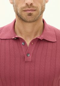 Polo shirt rigato color marrone bordeaux con colletto piatto, pattina con due bottoni e tessuto texturizzato. Presenta un piccolo foro vicino al colletto.