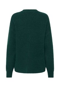 Grüner Strickpullover, lockere Passform, lange Ärmel, gerippte Bündchen, Rundhalsausschnitt, texturiertes Gewebe mit weicher Optik, keine sichtbaren Logos oder Muster.