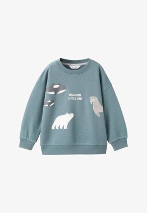 Cotton sweatshirt in teal, featuring illustrations of a polar bear, whale, walrus, and text "WELCOME LITTLE ONE" in white. Ribbed cuffs.