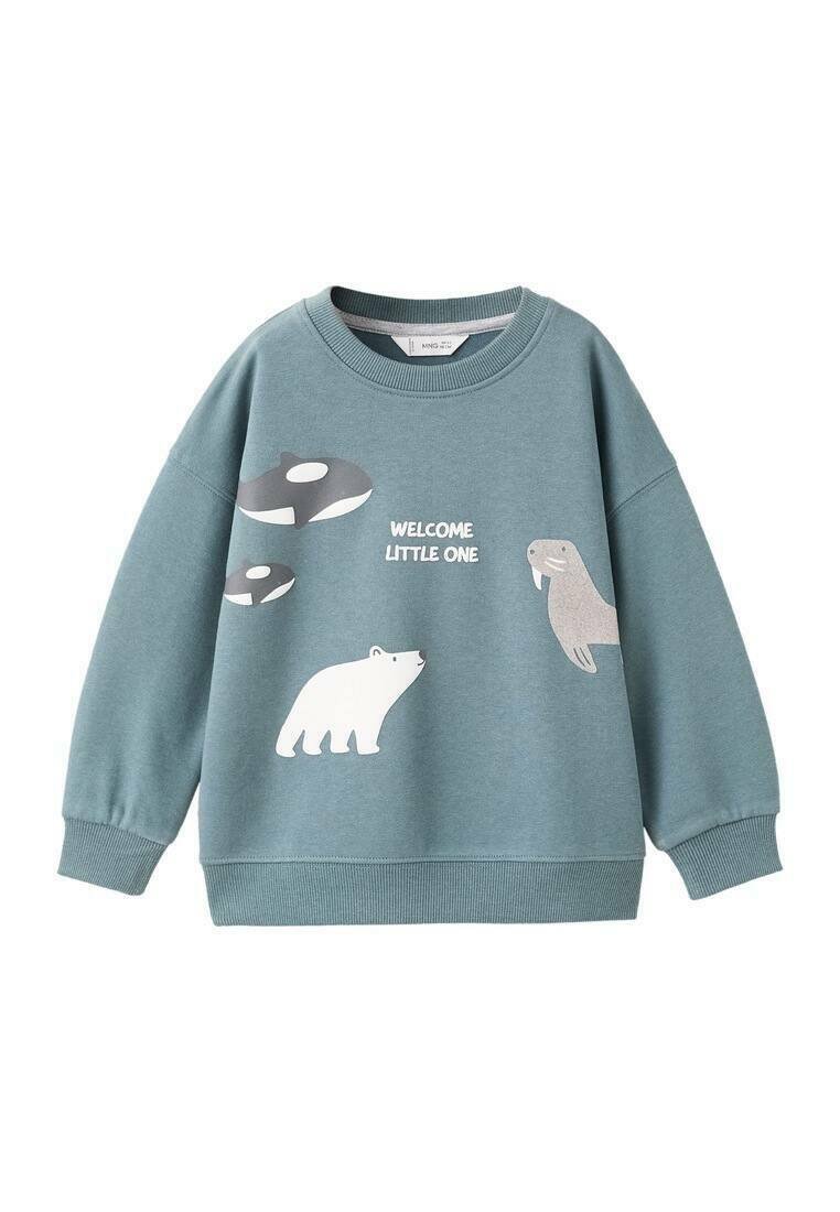 Bavlněná mikina v azurové barvě s ilustracemi ledního medvěda, velryby, mrože a nápisem "VÍTEJ MALÝ" v bílé barvě. Hladké manžety.