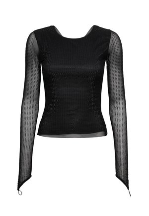 Musta pitkähihaisella puserolla, joka on valmistettu läpinäkyvästä materiaalista. Se on istuva malli, jossa on teksturoitu pistekuviointi. Pyöreä kaula-aukko, slim fit.