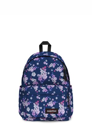 Sac à dos bleu marine avec motif floral rose, violet et blanc, poignée noire, poche avant et étiquette de marque Eastpak sur la poche avant.
