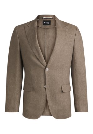 Brown blazer made of textured fabric, featuring a notched lapel, two front pockets, and a single-button closure. Two buttons on cuffs.