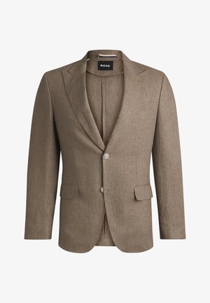 Blazer castanho feito de tecido texturizado, com lapela de bico, dois bolsos frontais e fecho de um botão. Dois botões nas mangas.