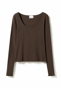 Ruda ilgomis rankovėmis maikutė, pagaminta iš riboto audinio. Sukurta su apvaliu iškirpimu ir neapdirbtu kraštu, šiek tiek trumpesnio kirpimo ir tekstūruoto rašto.