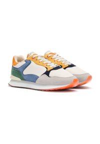 Colorful sneakers featuring a mix of materials: white mesh, orange, blue, yellow, and green suede accents, with a cushioned sole and textured detail.