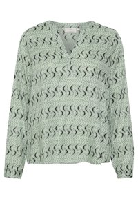 Pitkähihainen pusero, valmistettu kevyestä kankaasta, jossa mintunvihreä tausta ja mustat aallokuvioinnit sekä V-pääntie.