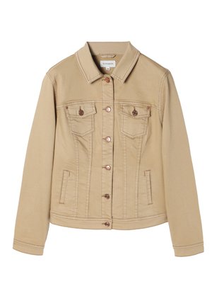 Beige denim jacket with a collar, two chest pockets, and front button closure. Features subtle stitching and metallic button accents.