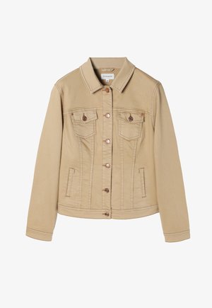 Beige denimová bunda s límcem, dvěma náprsními kapsami a předním zapínáním na knoflíky. Obsahuje jemné prošívání a kovové knoflíkové detaily.