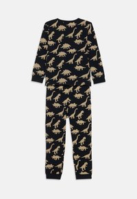 Baumwoll-Pyjama-Set mit langen Ärmeln und Hosen in Schwarz, das mit einem beigen Dinosauriermuster verziert ist. Weicher Stoff, bequeme Passform.