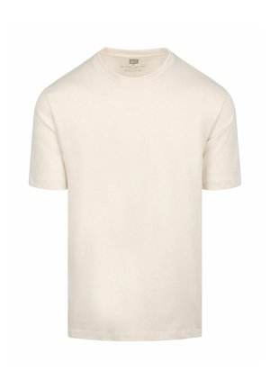Plain off-white short sleeve cotton T-shirt with crew neck and visible label inside the collar.