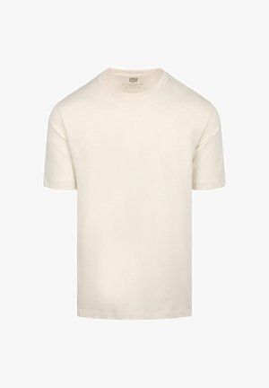 Effen offwhite katoenen T-shirt met korte mouwen, een ronde hals en een zichtbaar label aan de binnenkant van de kraag.