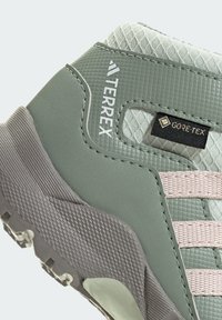 Roheline Terrex matkatoss, millel on tekstuuriga pinnad ja roosa triibu aksendid, ning Gore-Tex silt. Robustne tallajõud ja pehmendatud krae toe pakkumiseks.