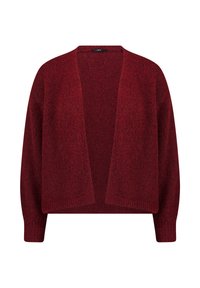 Czerwony rozpinany kardigan z fakturowanej dzianiny; posiada długie rękawy i luźny krój. Brak widocznych zapięć lub ozdób.