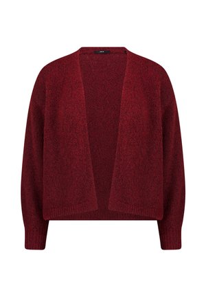 Czerwony rozpinany kardigan z fakturowanej dzianiny; posiada długie rękawy i luźny krój. Brak widocznych zapięć lub ozdób.