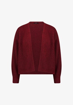Rød cardigan med åben front lavet af struktureret strikket stof; har lange ærmer og en afslappet pasform. Ingen synlige lukninger eller pynt.