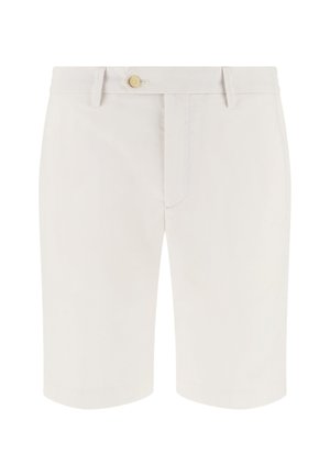 Off-white maßgeschneiderte Shorts mit Gürtelschlaufen, vorderem Knopfverschluss und einer sauberen, glatten Stoffoberfläche.