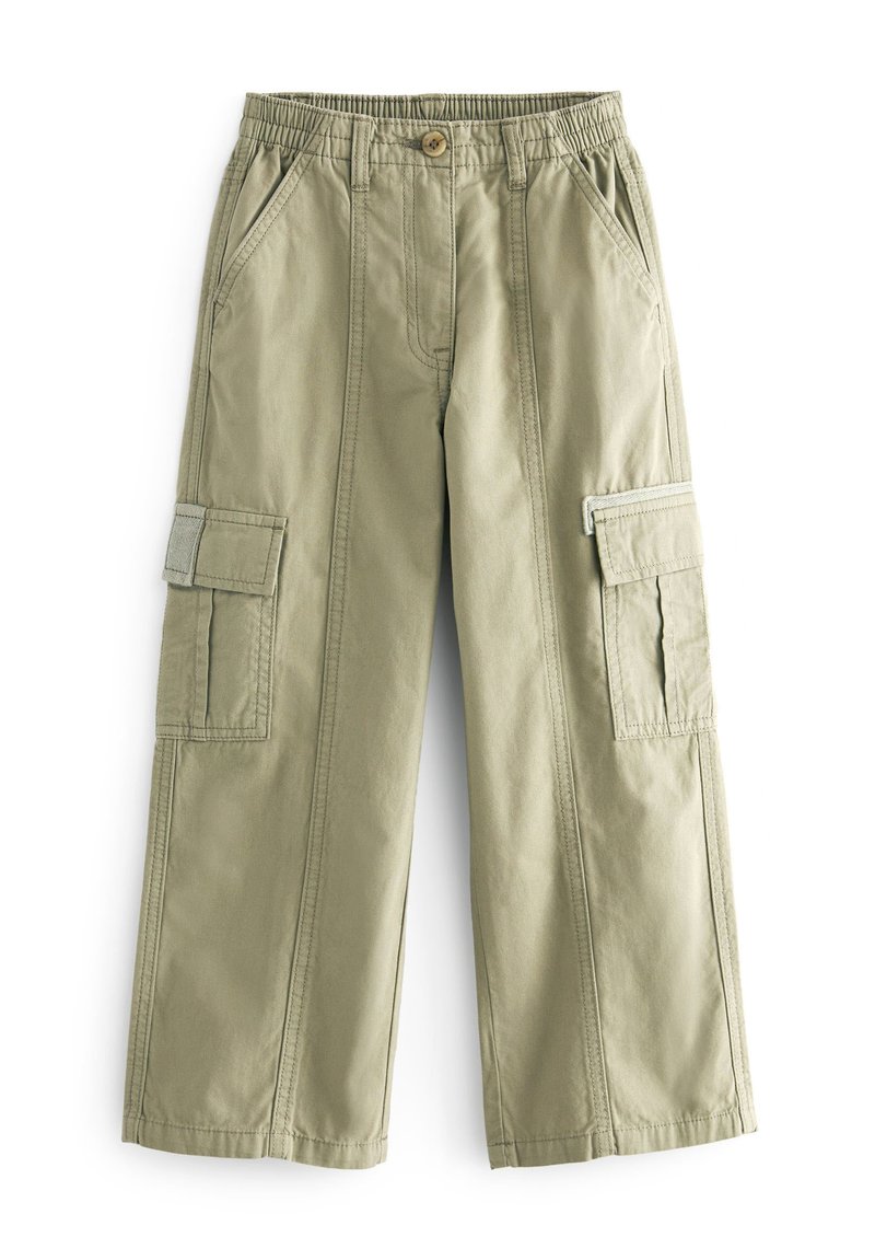 Pantaloni cargo khaki con cintura elastica, due tasche laterali e due tasche cargo sulle cosce. Realizzati in tessuto di cotone resistente.