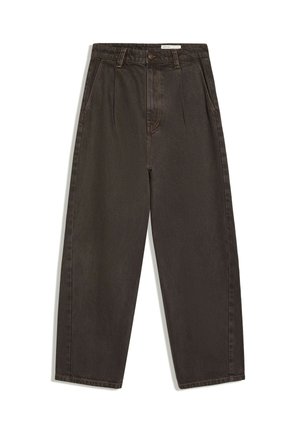 Pantaloni ampi a vita alta marrone scuro con pieghe frontali, tasche laterali, passanti per cintura e chiusura con bottone in vita.