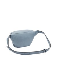 Marsupio in pelle blu con forma arrotondata, cinturino regolabile e texture sottile. Presenta una superficie liscia e un design minimalista.
