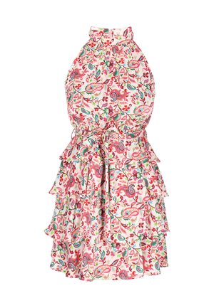 Rochie florală cu gât halter, niveluri volan, și bază albă. Prezintă modele colorate de paisley și flori în nuanțe de roșu, verde și albastru.