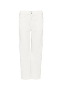 Jean blanc droit avec fermeture par bouton et zip, poches avant et arrière, et passants de ceinture, présenté sur un fond uni.